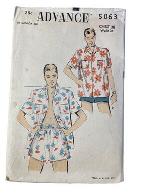 Vintage 50s Advance 5063 Sewing Pattern Chest 38 Waist 34 Shirt & Shorts CUT